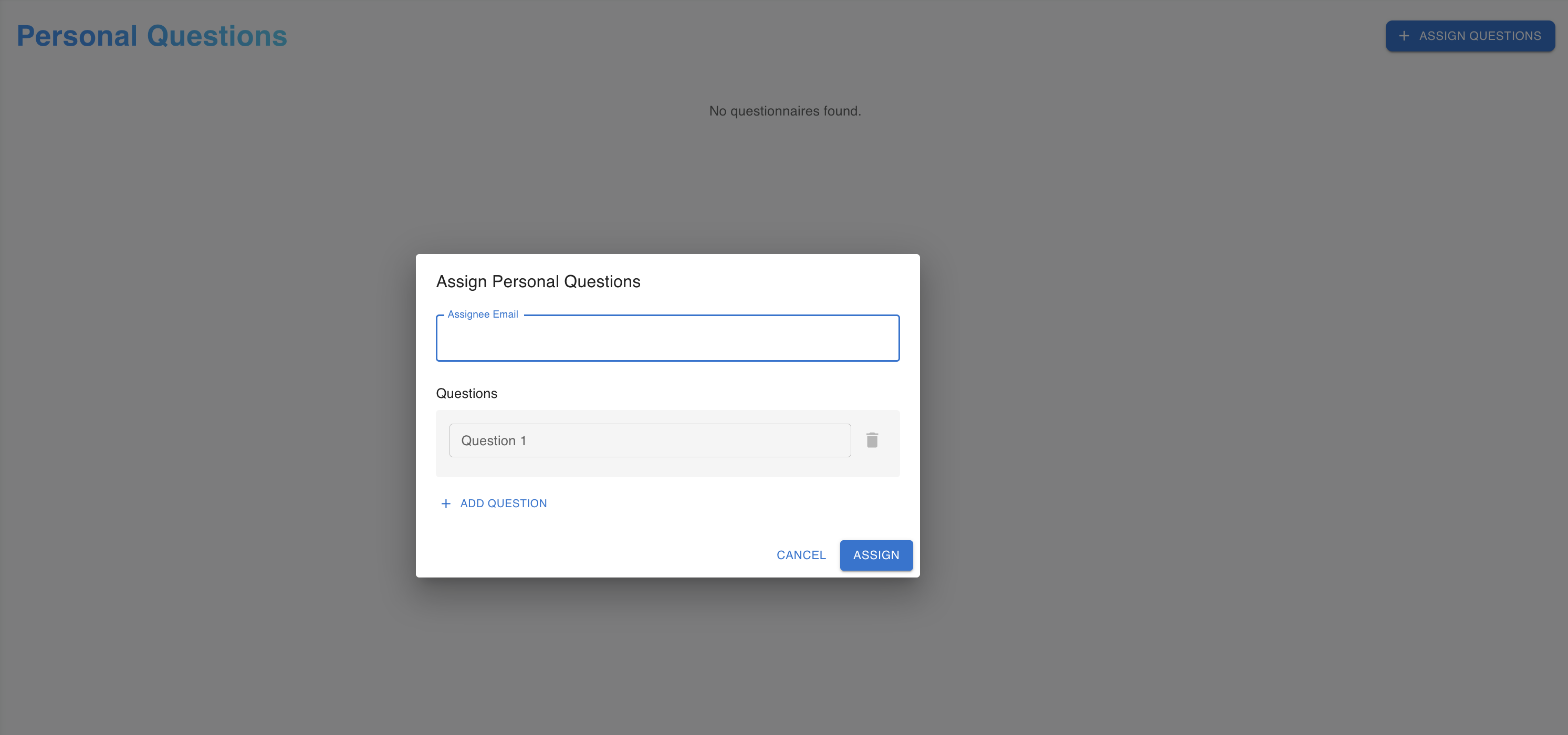 Personal question request screen