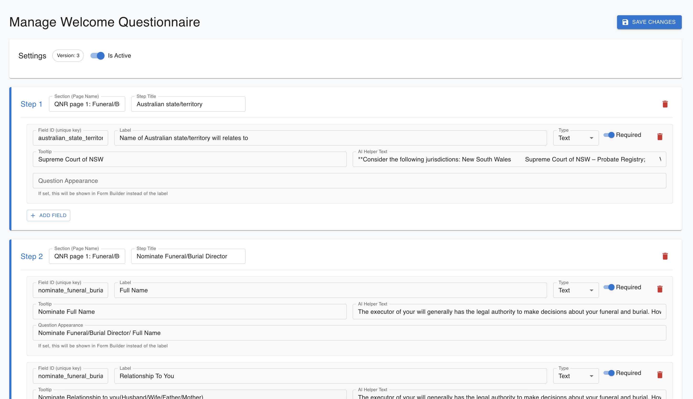 Questionnaires configuration screen